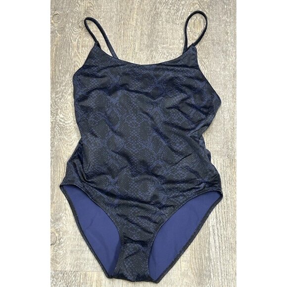 Athleta Swim Skinny Strap One Piece Swimsuit Sz XS Animal Print Black Blue - Picture 11 of 11